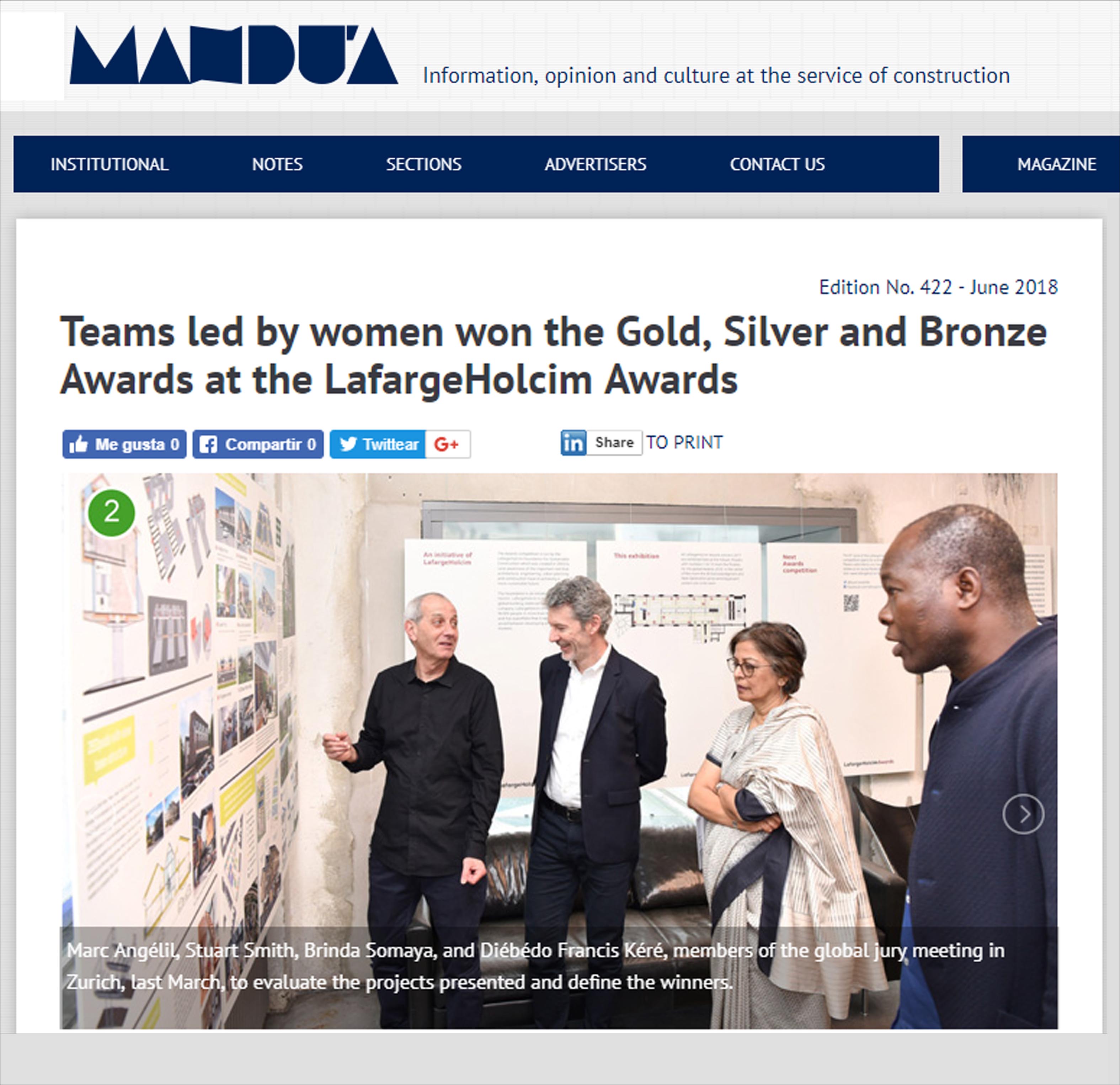 Teams led by women won the Gold, Silver and Bronze Awards at the LafargeHolcim Awards , Mandua - June 2018